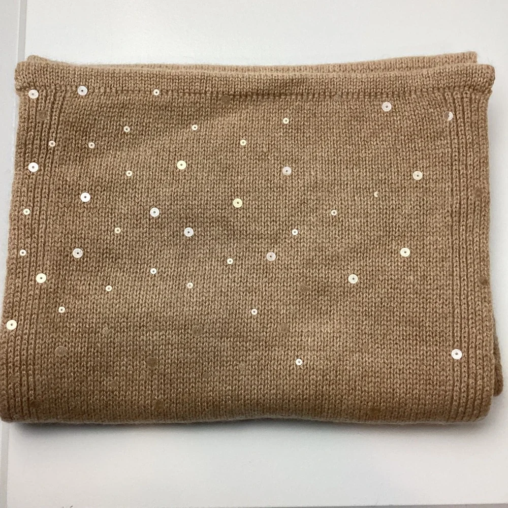 Fraas 100% Cashmere Scarf Camel Tan Sequin Embellished Knit Rectangle Wrap 0089